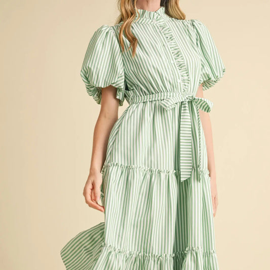 Green Striped Ruffled Button Down Midi Dress