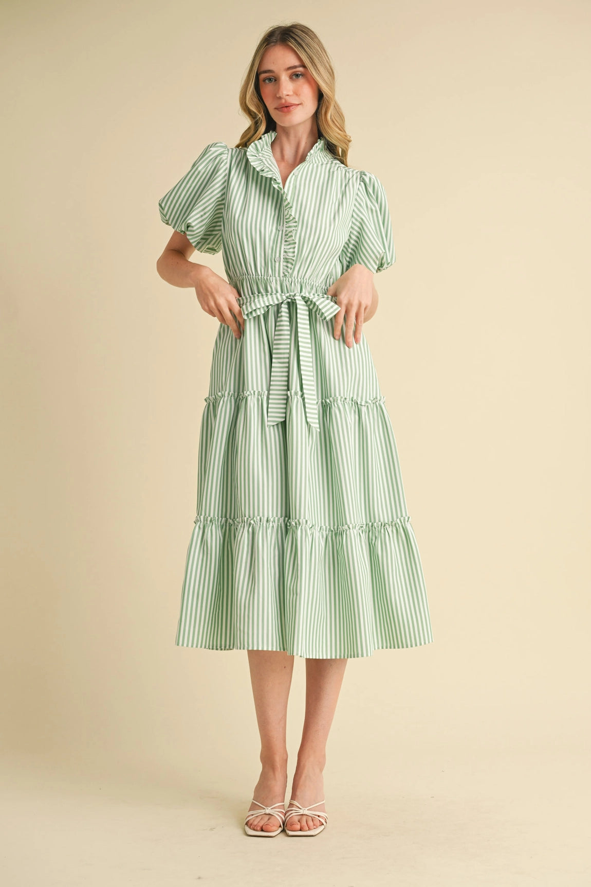 Green Striped Ruffled Button Down Midi Dress