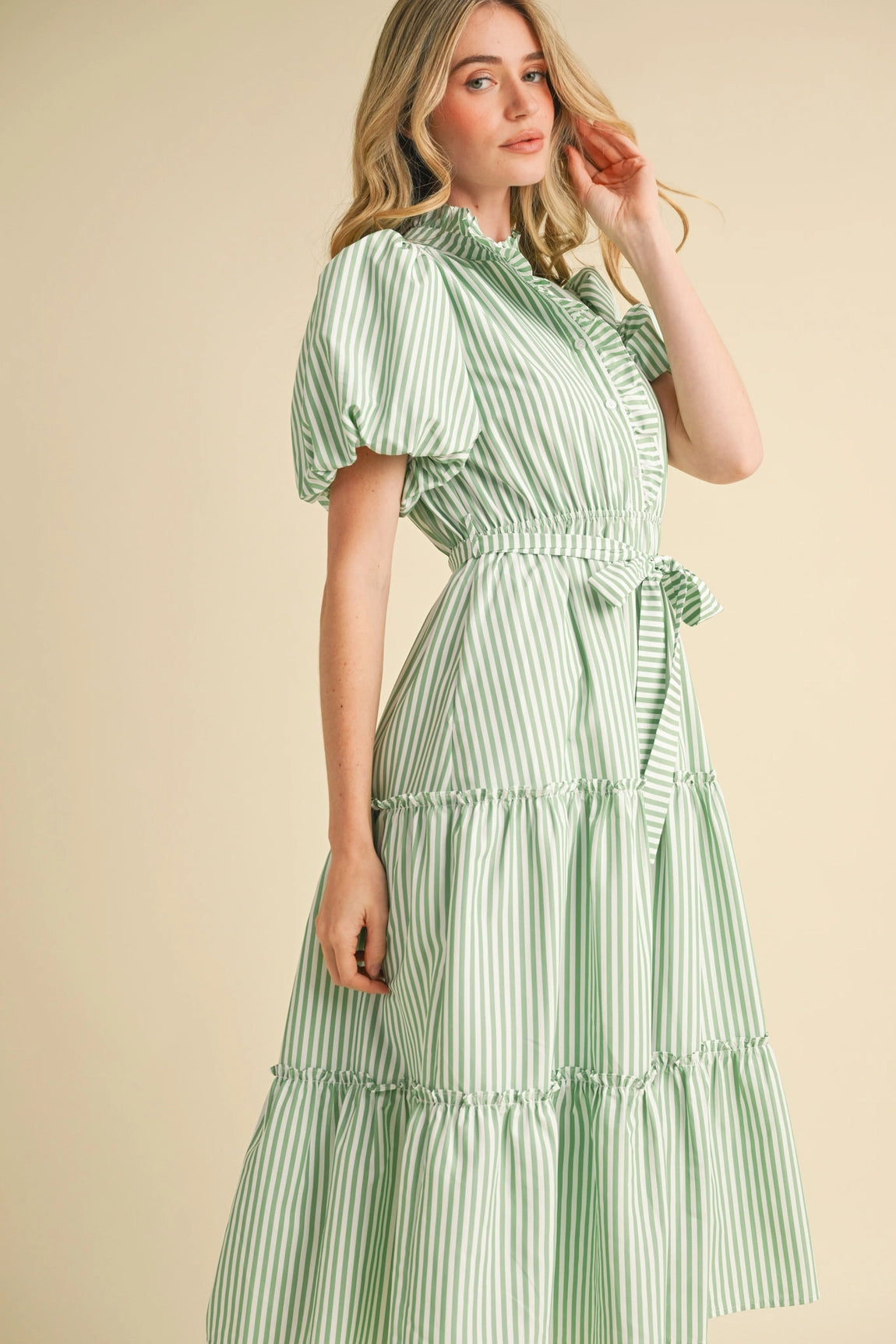 Green Striped Ruffled Button Down Midi Dress