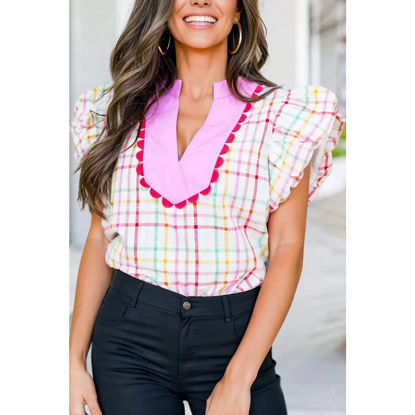 Plaid Patchwork Lace Puff Short Sleeve Blouse