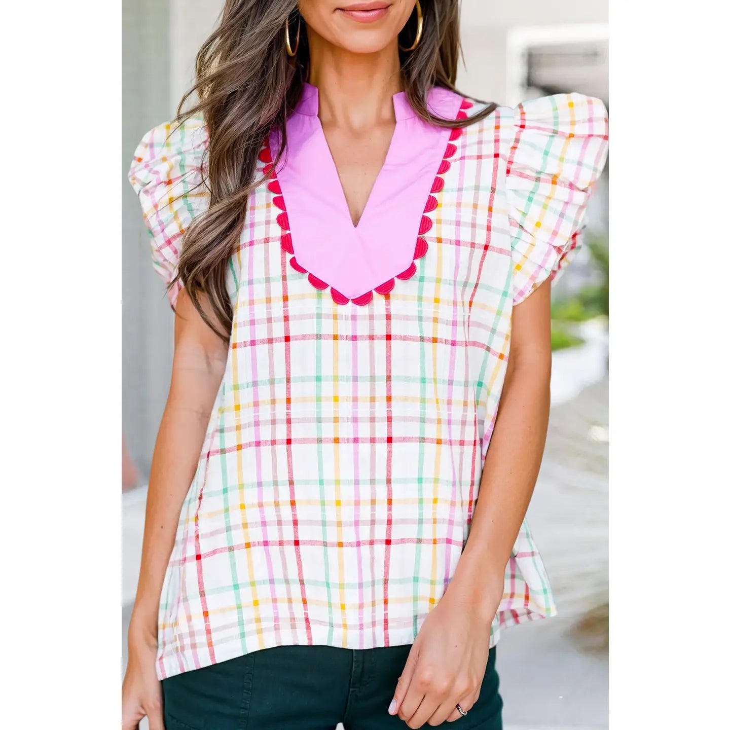 Plaid Patchwork Lace Puff Short Sleeve Blouse