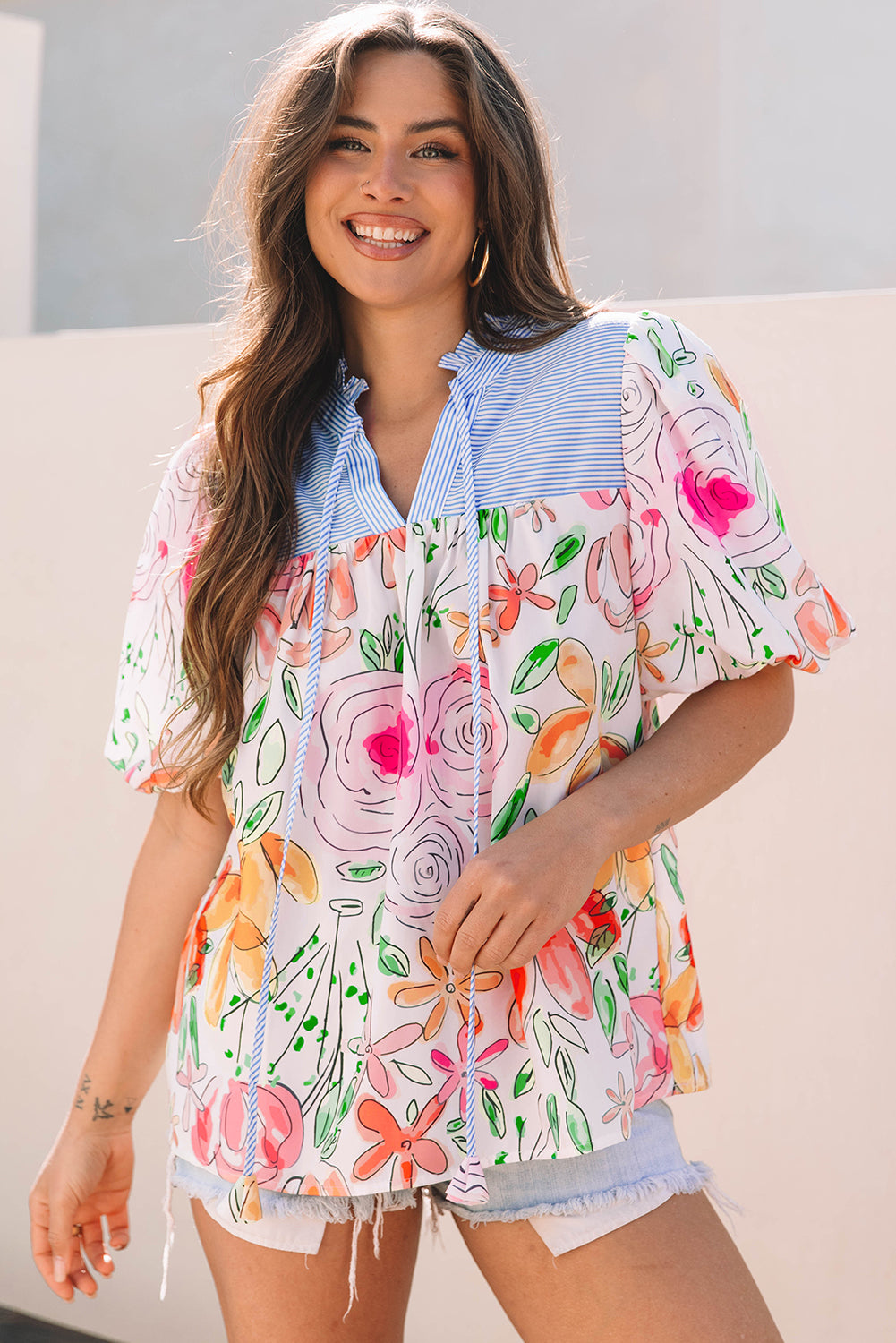 Multicolor Floral Print Puff Short Sleeve Blouse