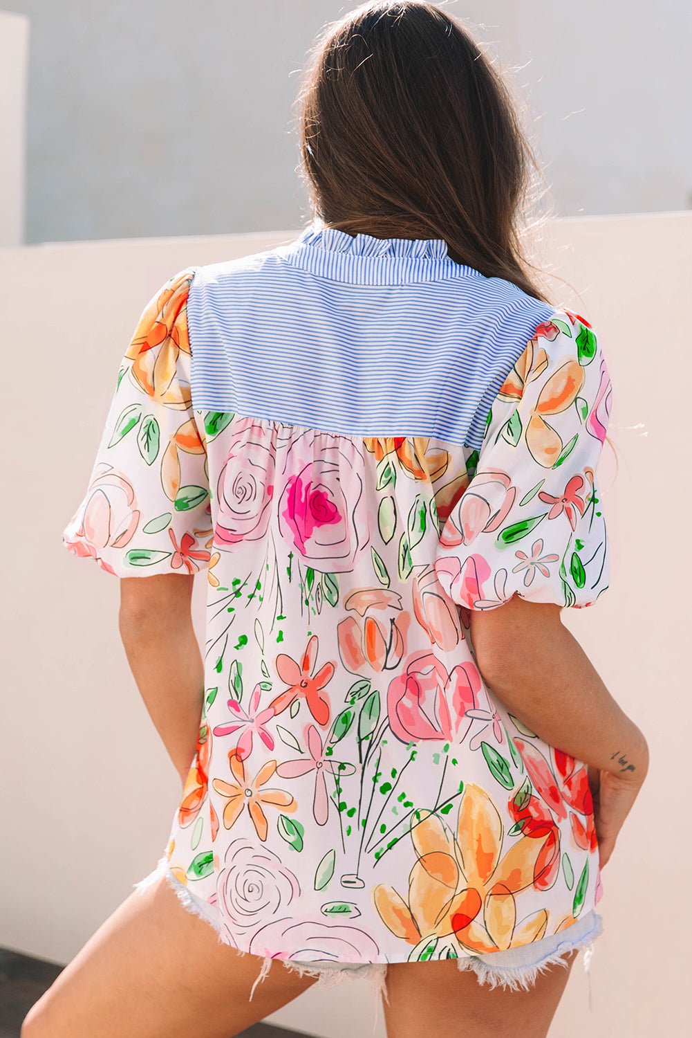 Multicolor Floral Print Puff Short Sleeve Blouse