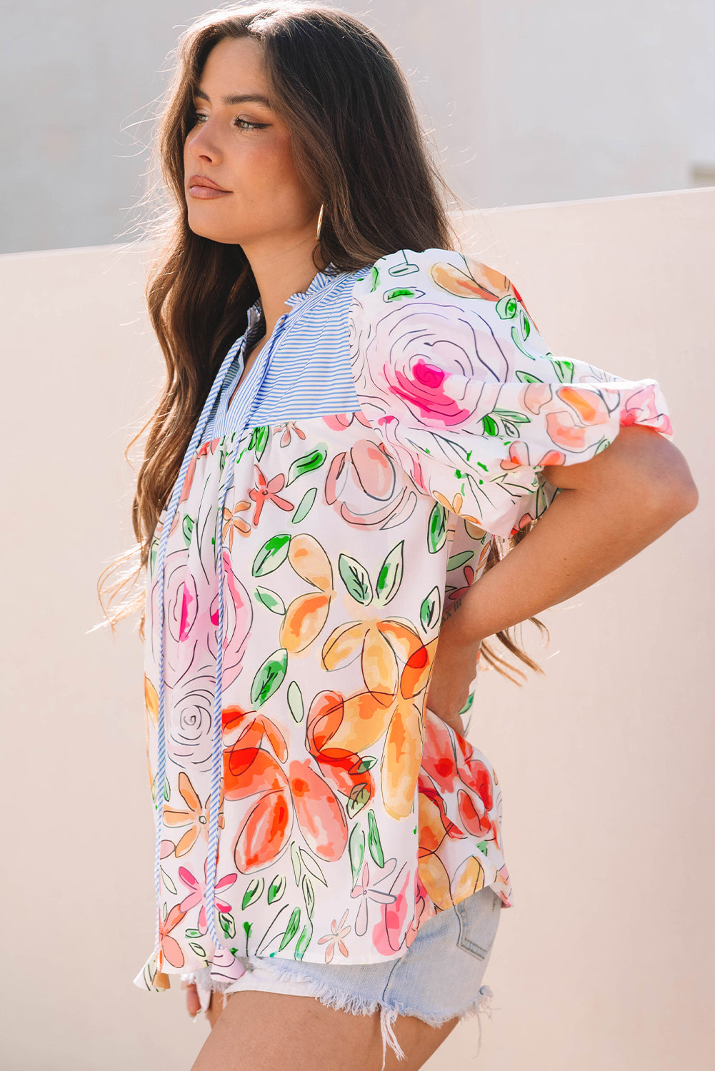 Multicolor Floral Print Puff Short Sleeve Blouse