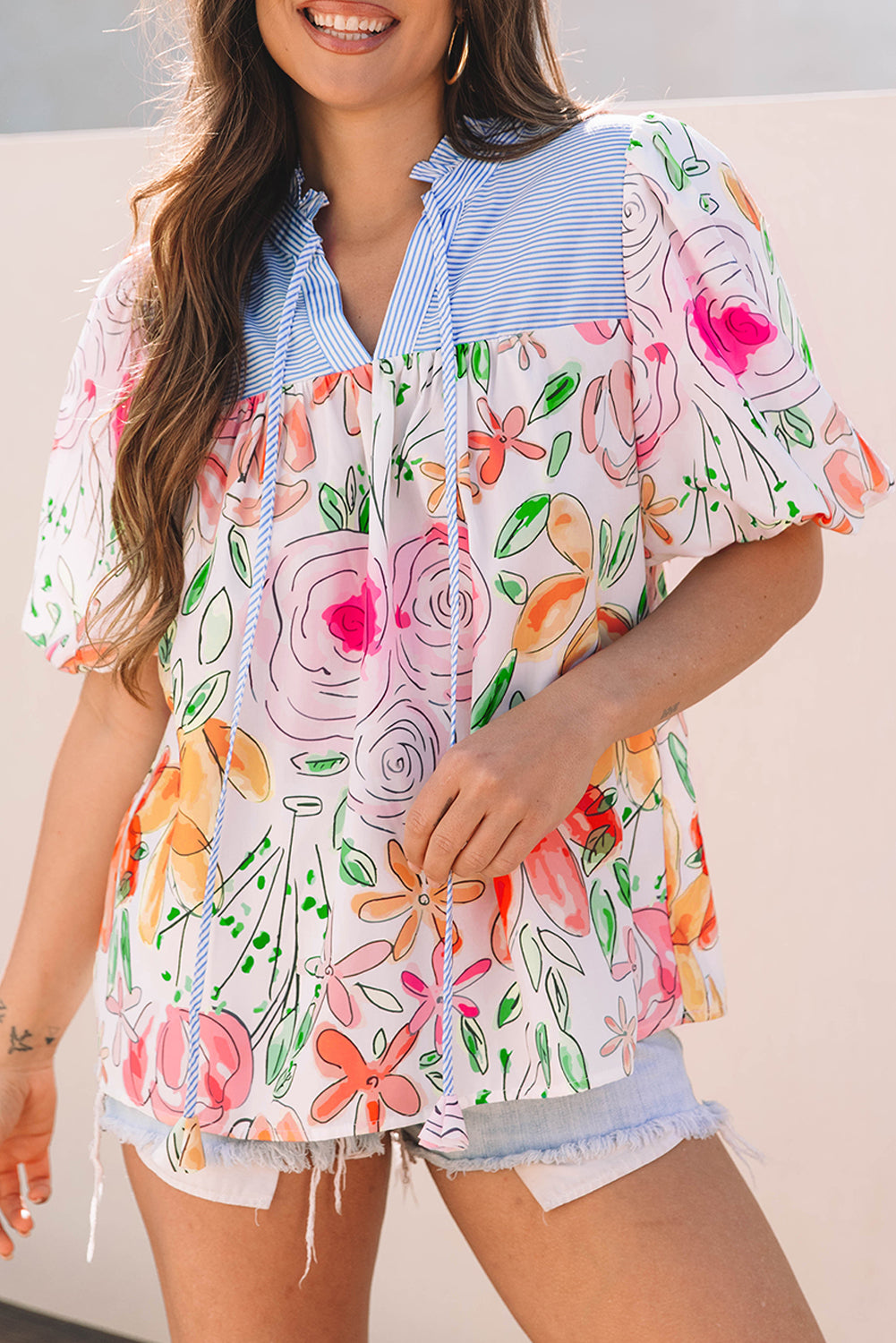 Multicolor Floral Print Puff Short Sleeve Blouse