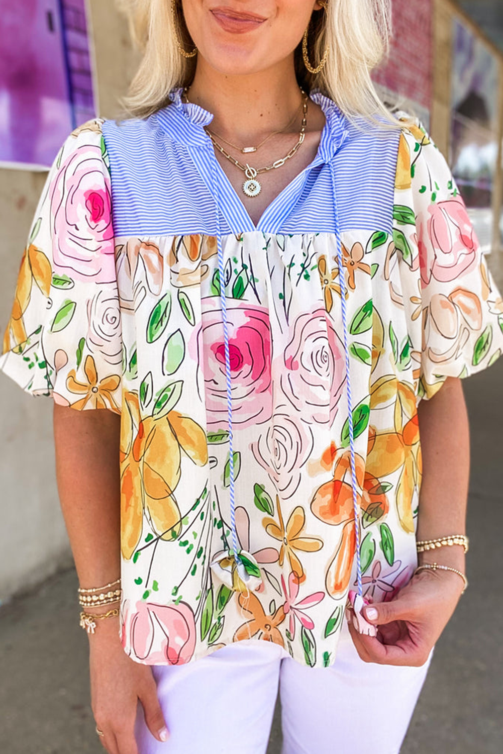 Multicolor Floral Print Puff Short Sleeve Blouse