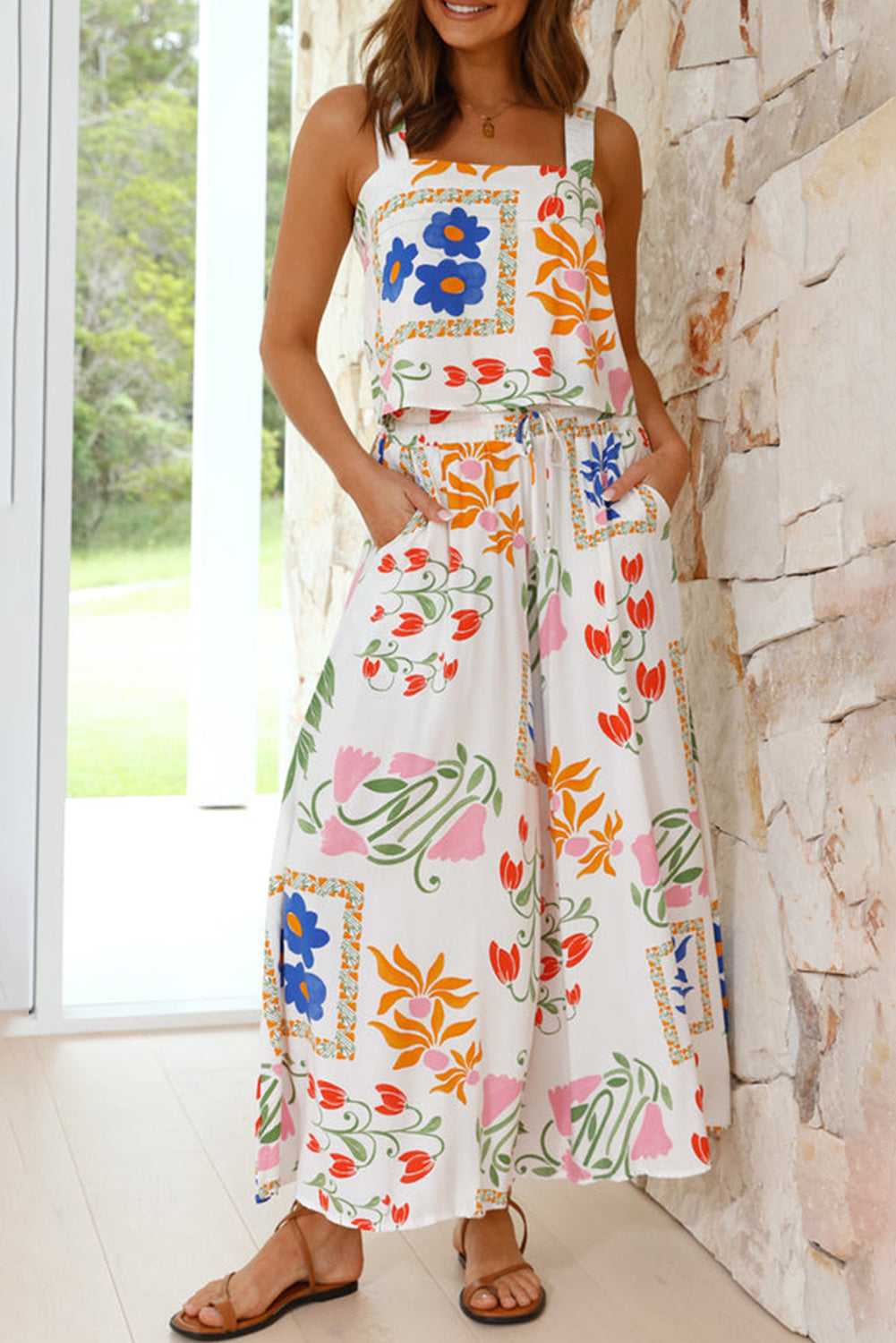 White Colorful Printed Square Neck Tank and Pants Set