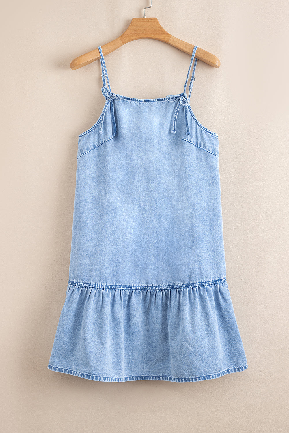 Denim Bow Detail Spaghetti Straps Ruffle Hem Denim Short Dress