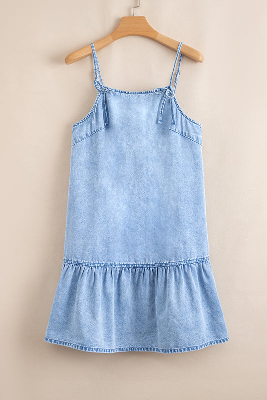 Denim Bow Detail Spaghetti Straps Ruffle Hem Denim Short Dress