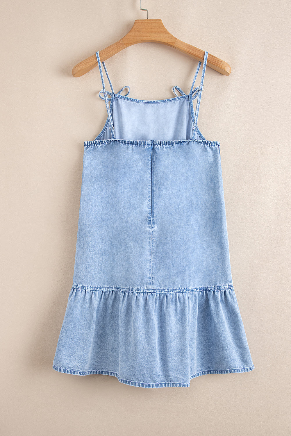 Denim Bow Detail Spaghetti Straps Ruffle Hem Denim Short Dress