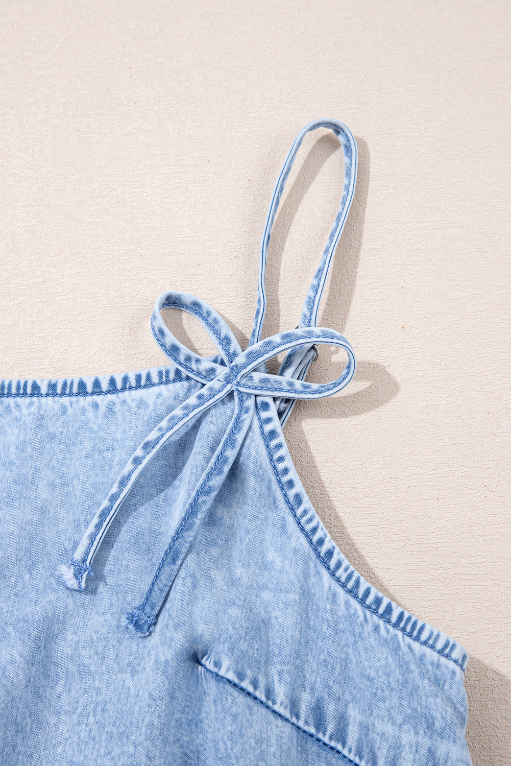Denim Bow Detail Spaghetti Straps Ruffle Hem Denim Short Dress