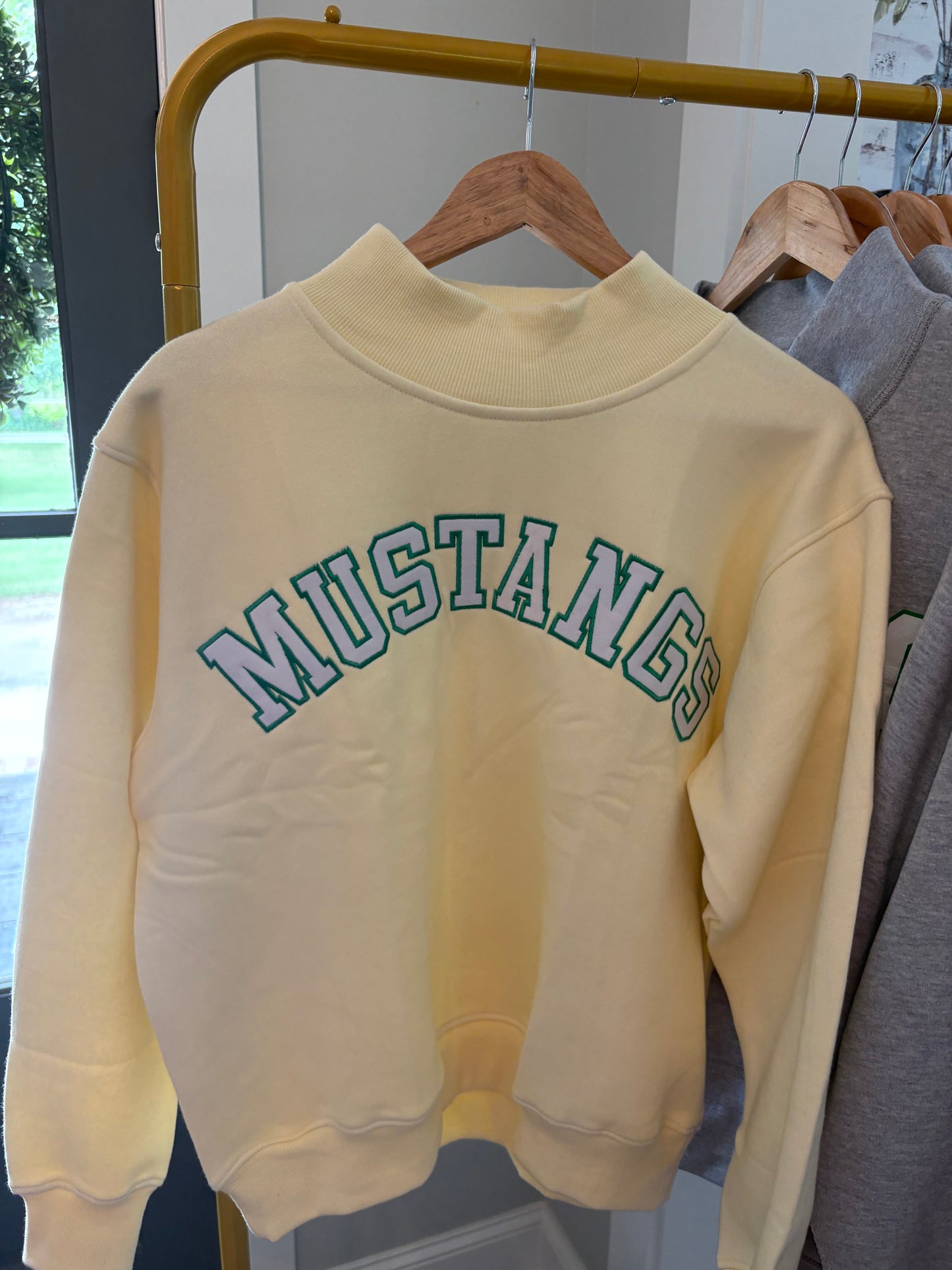 In stock light yellow MUSTANGS mockneck
