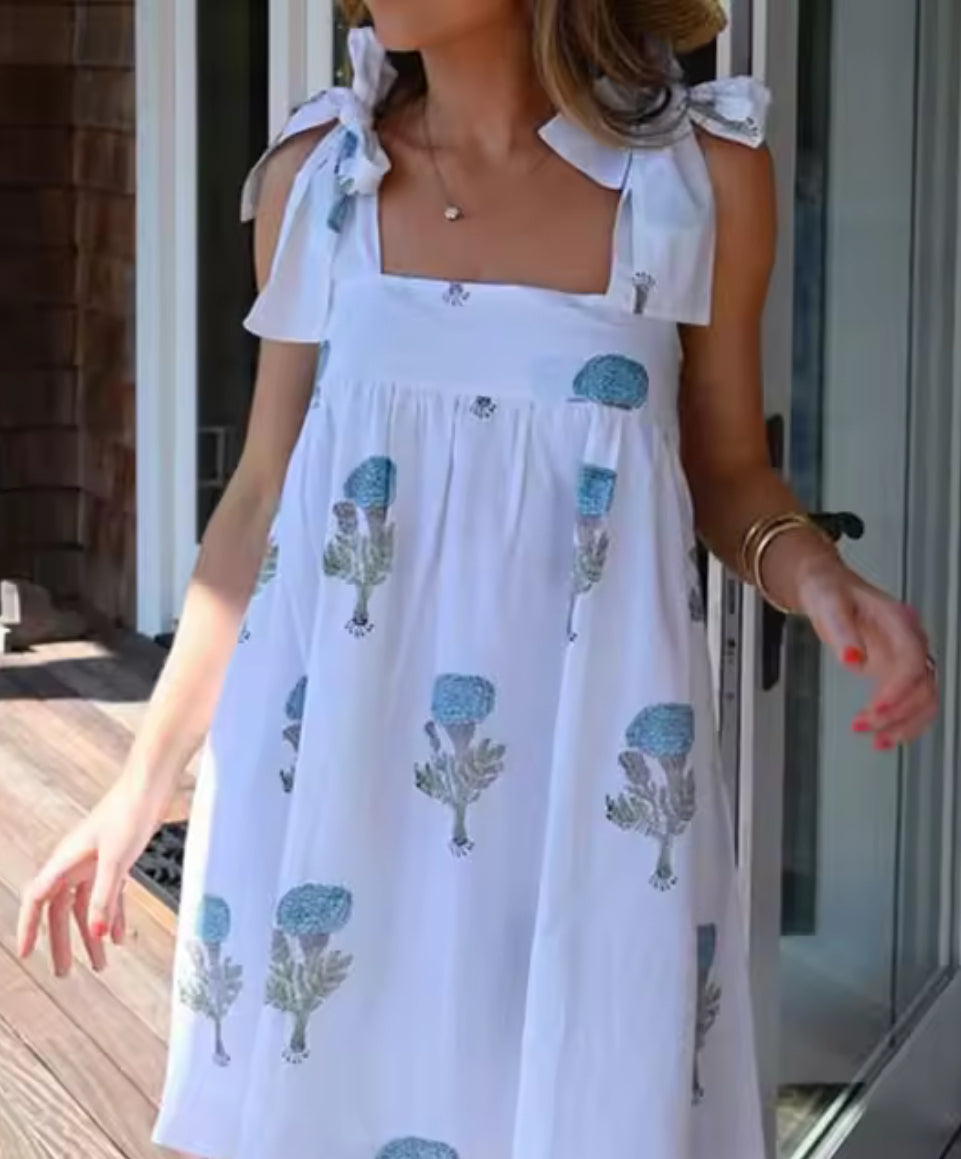 White with Blue Flowers Tie Strap Mini Dress