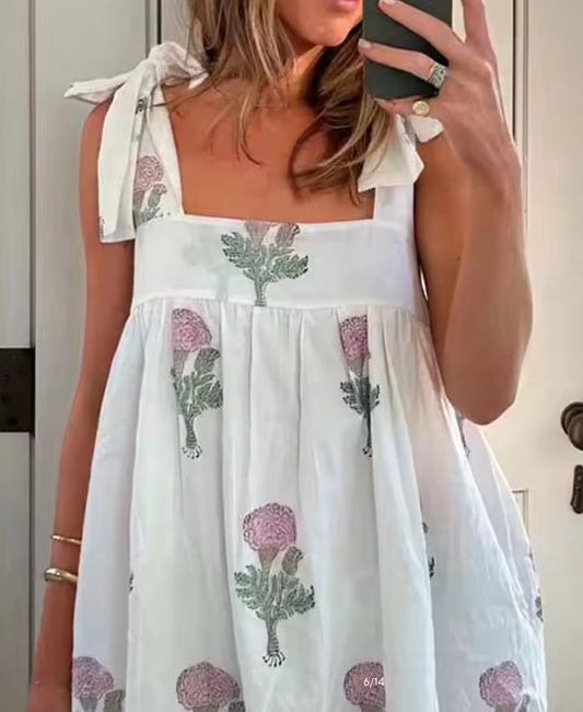 White with Pink Flowers Tie Strap Mini Dress