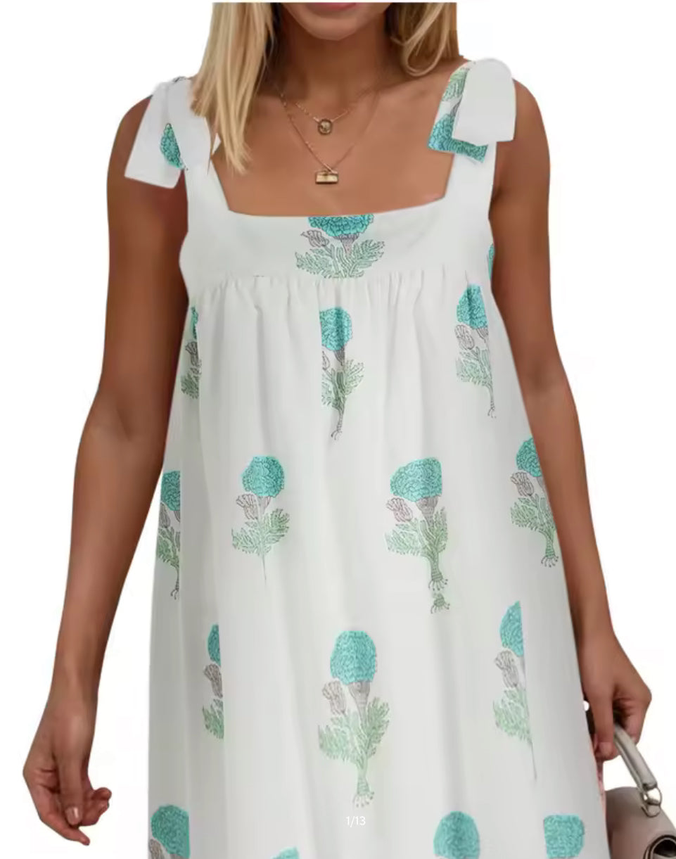 White with Blue Flowers Tie Strap Mini Dress