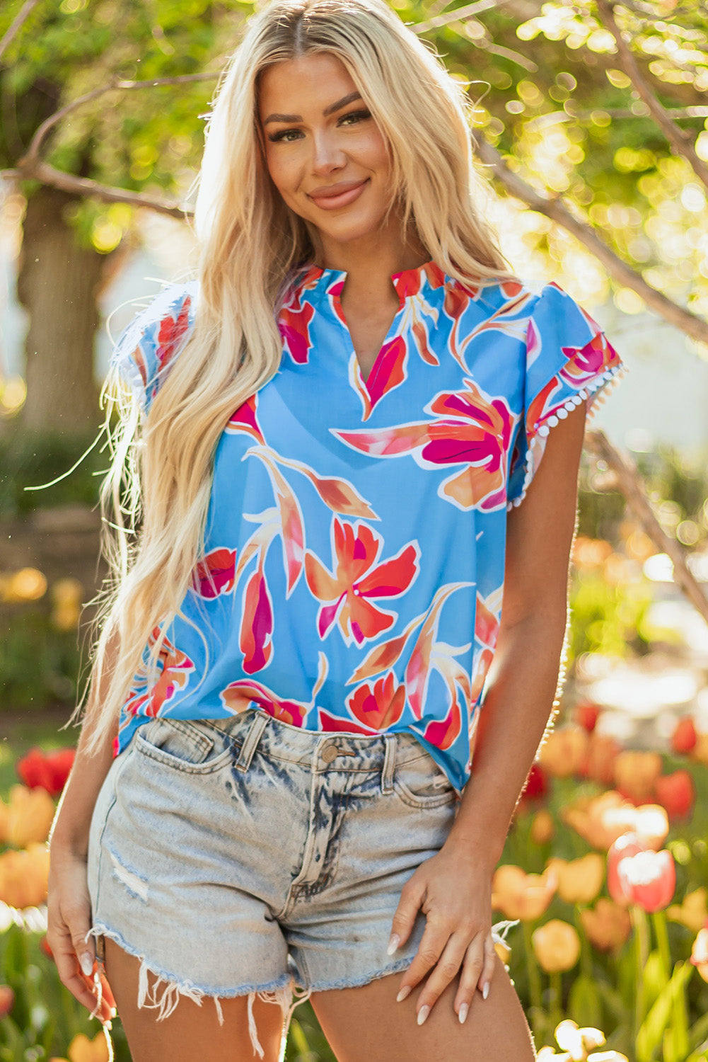 Blue Floral Print V Neck Pompom Trim Flutter Sleeve Blouse