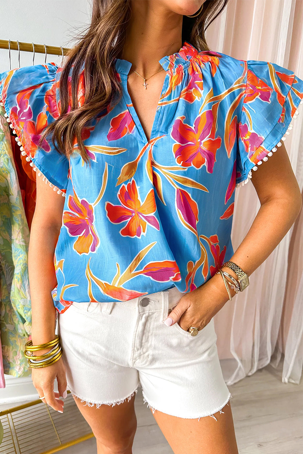 Blue Floral Print V Neck Pompom Trim Flutter Sleeve Blouse