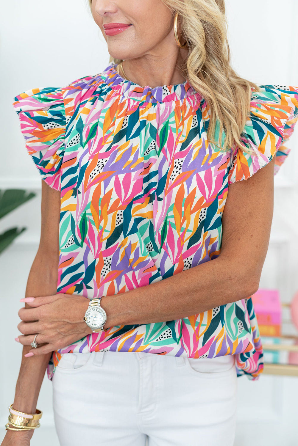 Pink Purple Floral Print Ruffled Flutter Sleeve Blouse