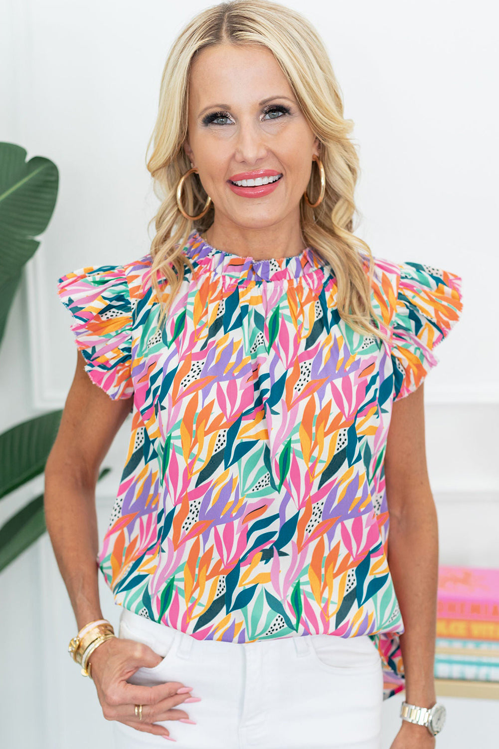 Pink Purple Floral Print Ruffled Flutter Sleeve Blouse