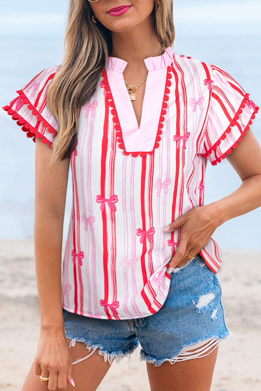 Pink Red Ric-rac Trim Ruffled Sleeve V Neck Bow Striped Printed Blouse