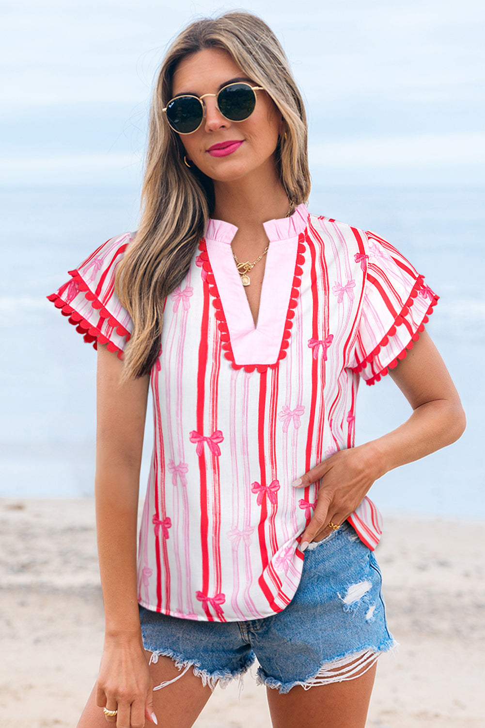 Pink Red Ric-rac Trim Ruffled Sleeve V Neck Bow Striped Printed Blouse