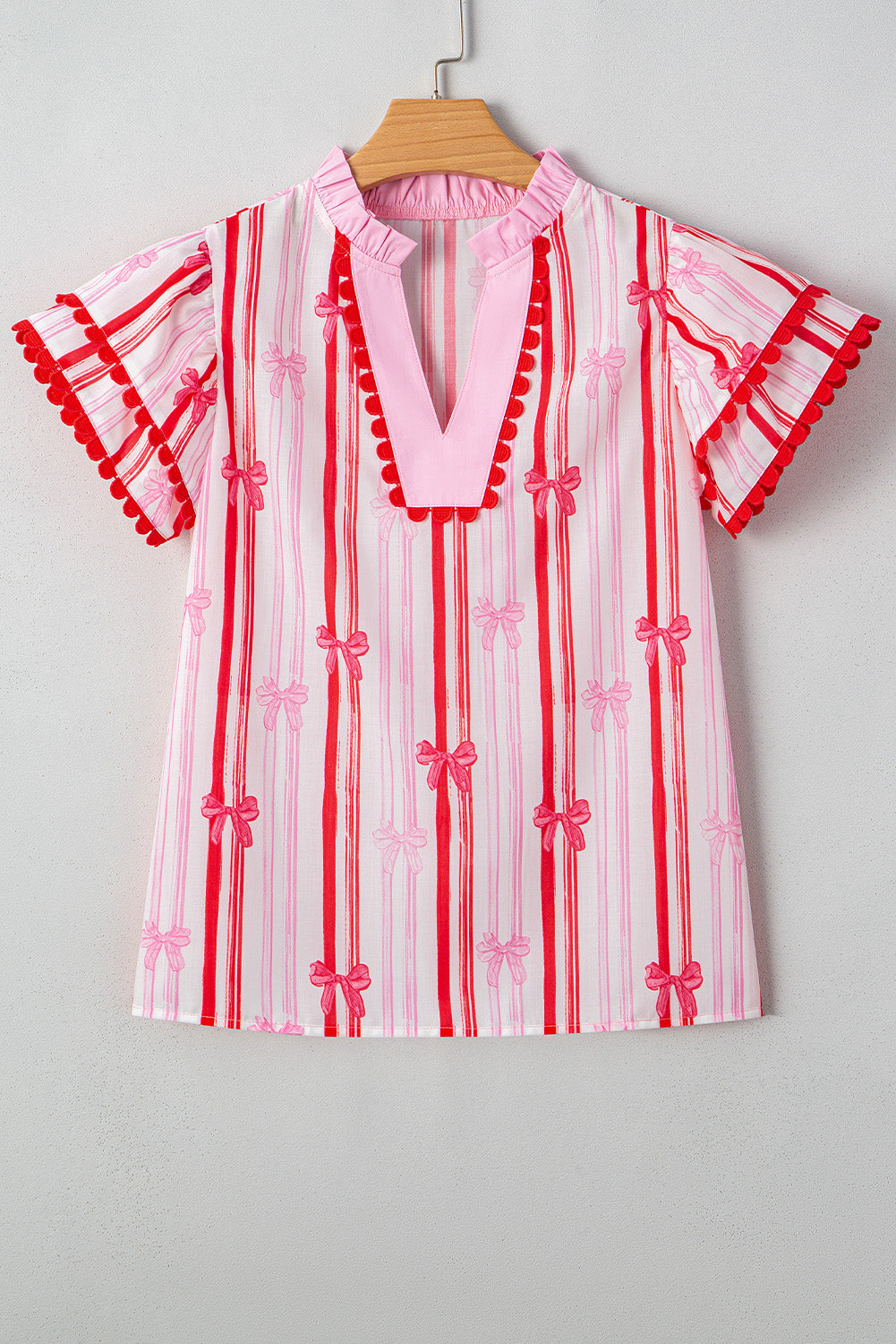 Pink Red Ric-rac Trim Ruffled Sleeve V Neck Bow Striped Printed Blouse