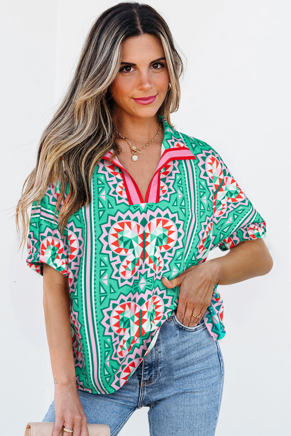 Green Boho Abstract Print Contrast Striped Collared V Neck Blouse