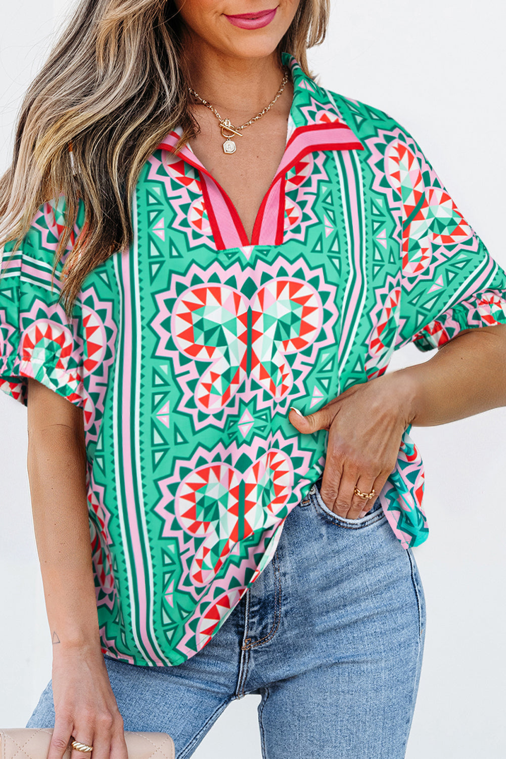 Green Boho Abstract Print Contrast Striped Collared V Neck Blouse