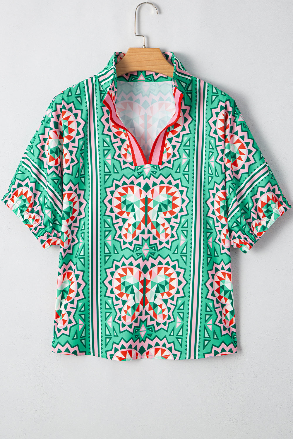 Green Boho Abstract Print Contrast Striped Collared V Neck Blouse
