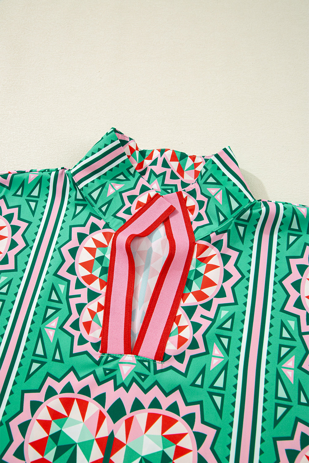 Green Boho Abstract Print Contrast Striped Collared V Neck Blouse