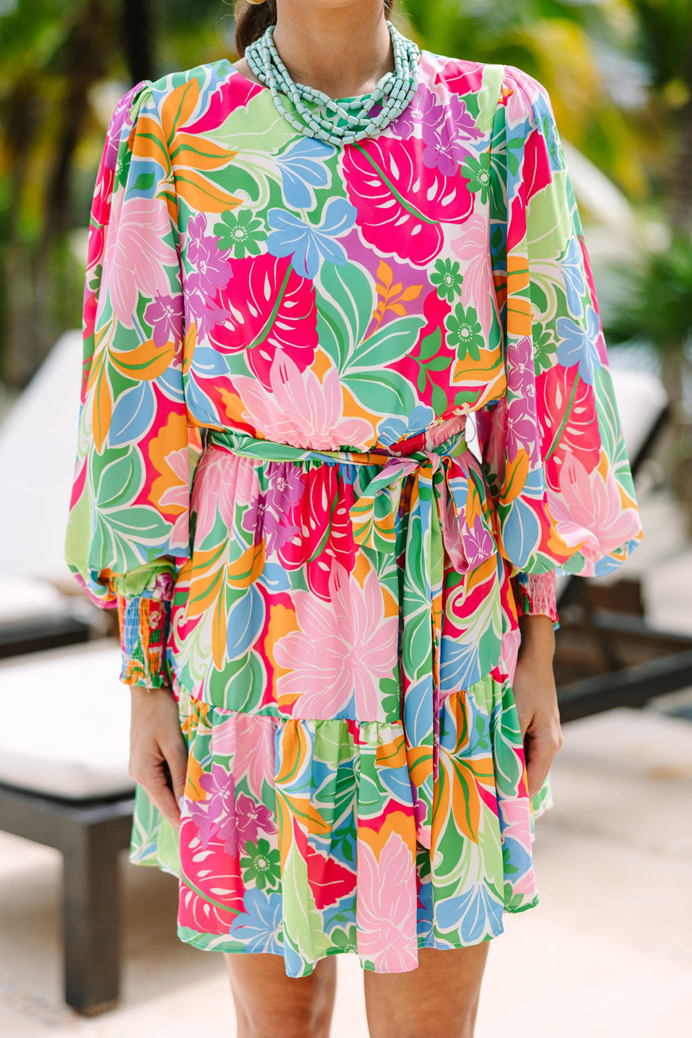 Bright Multicolor Botanical Bubble Sleeve Dress