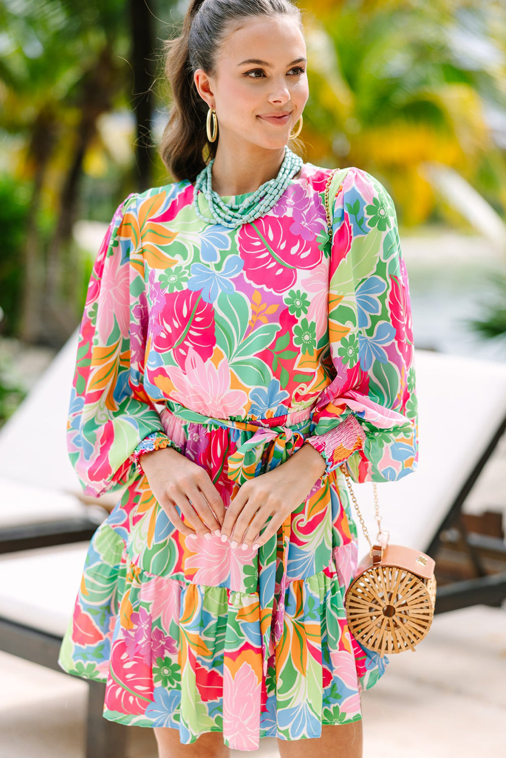 Bright Multicolor Botanical Bubble Sleeve Dress