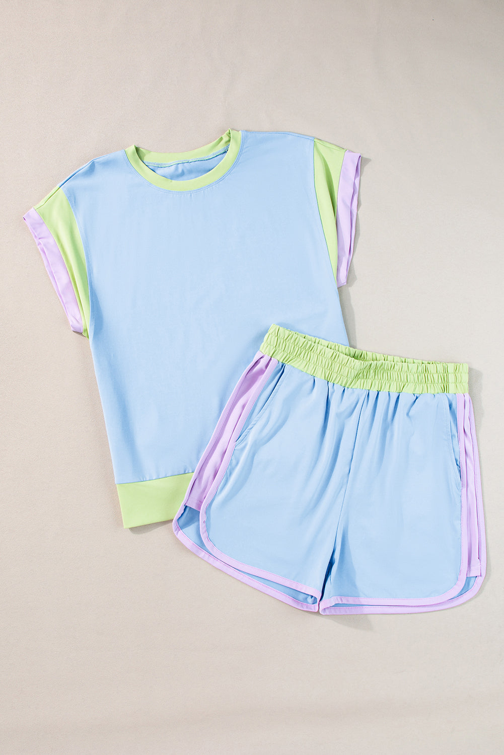 Light Blue Color Block Cap Sleeve Shorts Set