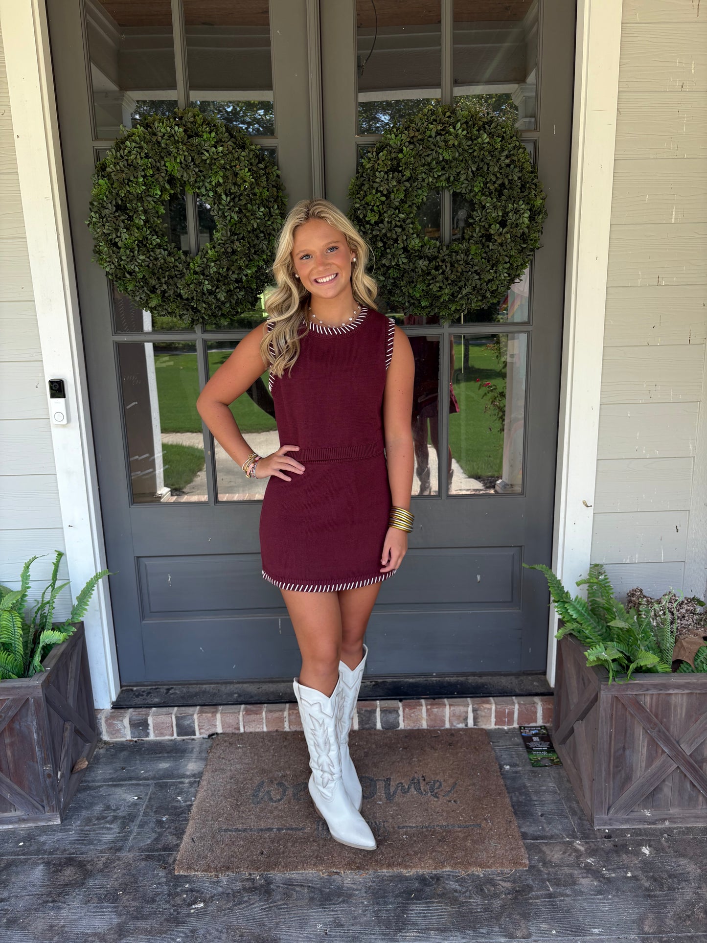 Maroon White Trim Skirt and Sleeveless Top