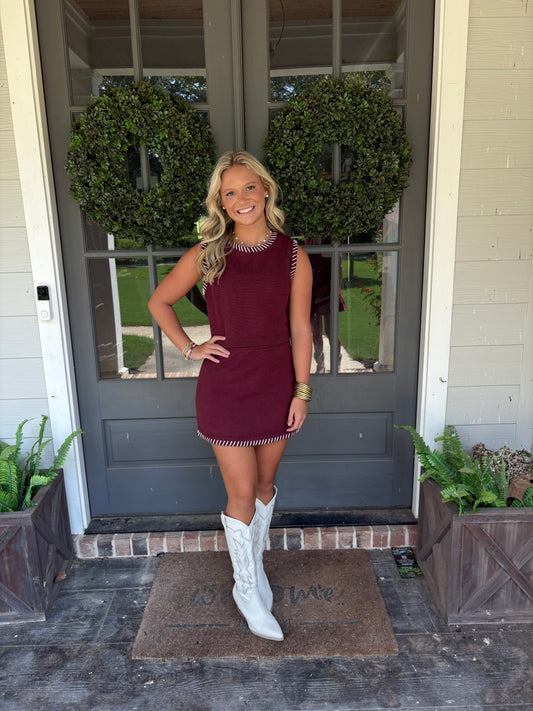 Maroon White Trim Skirt and Sleeveless Top