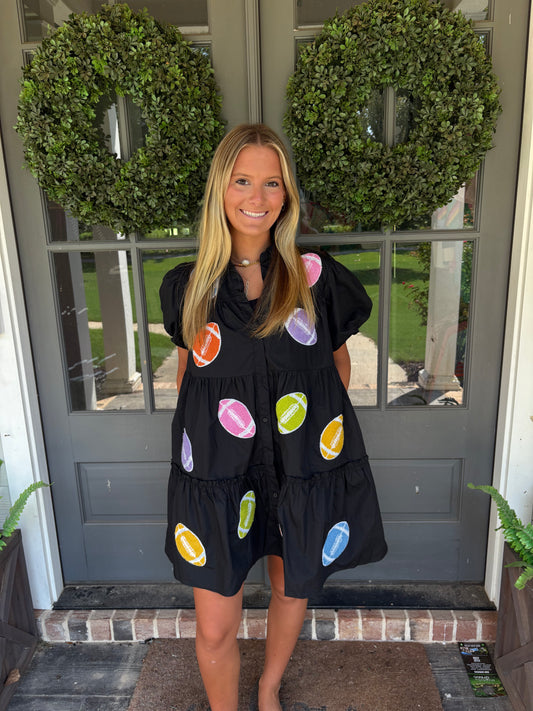 Black with multicolor footballs dress
