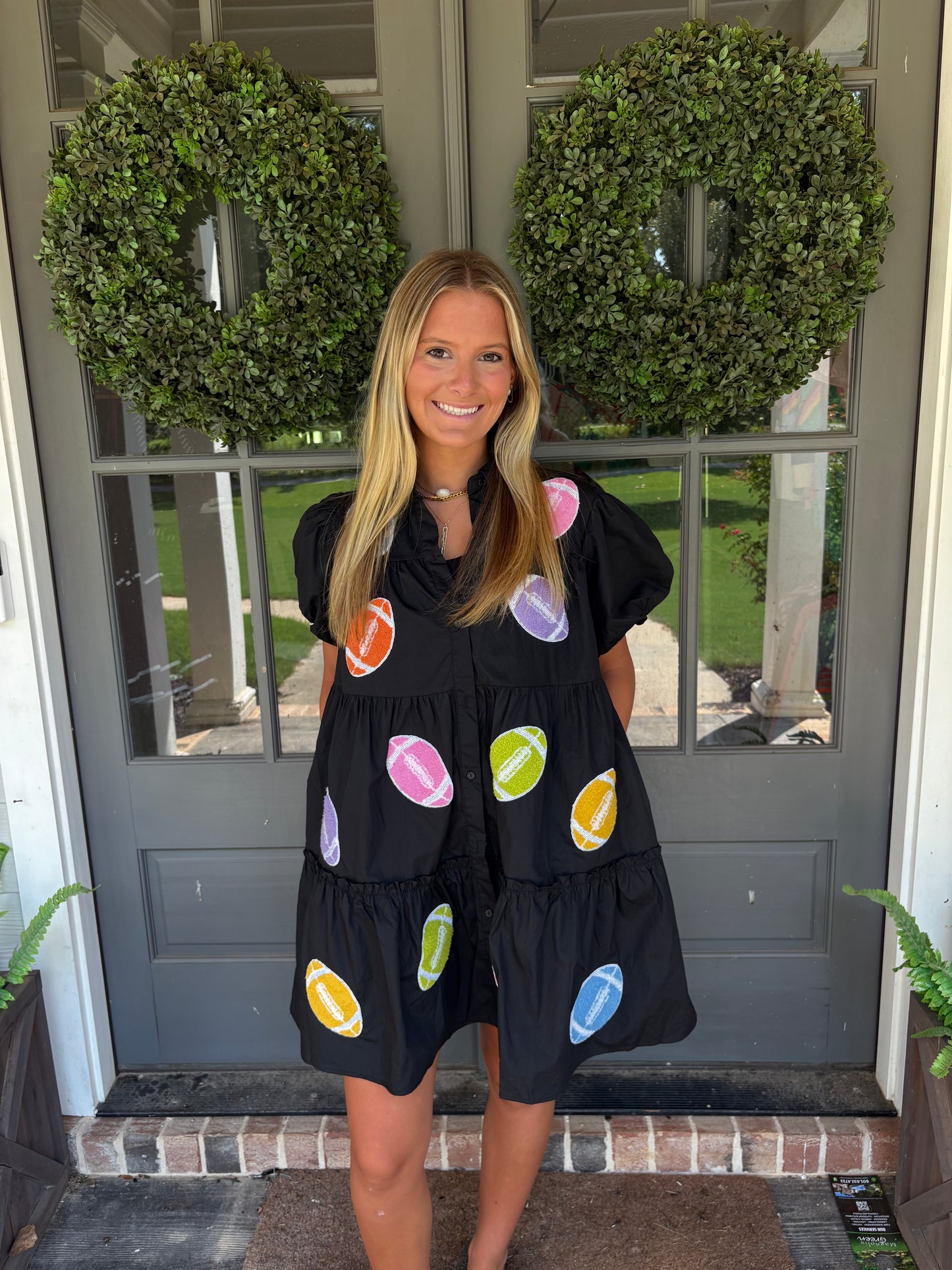 Black with multicolor footballs dress