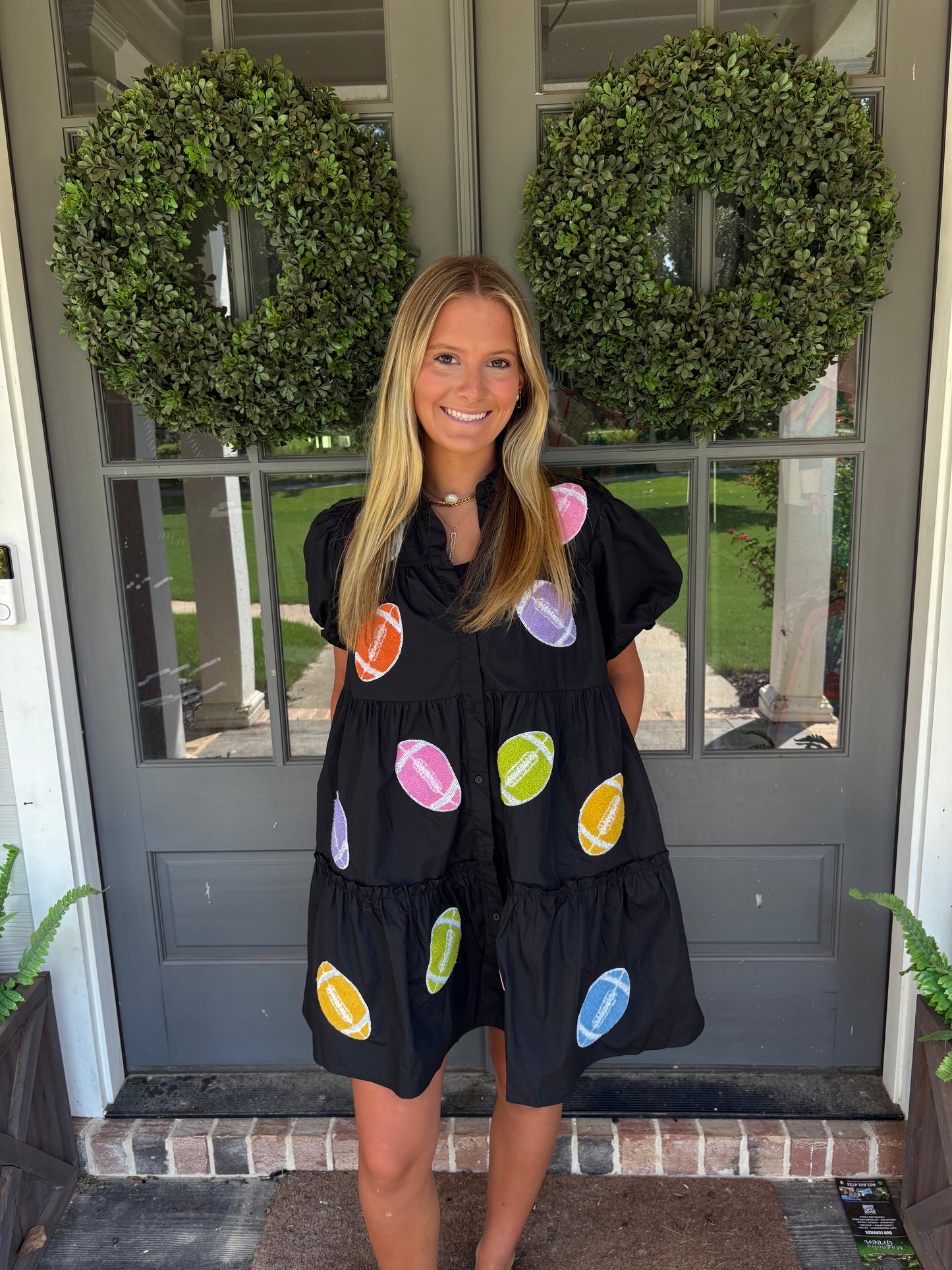 Black with multicolor footballs dress