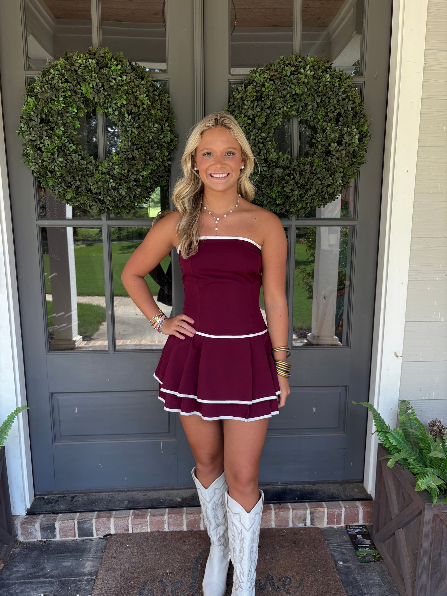 Maroon Strapless Drop Waist Pleated Romper Dress