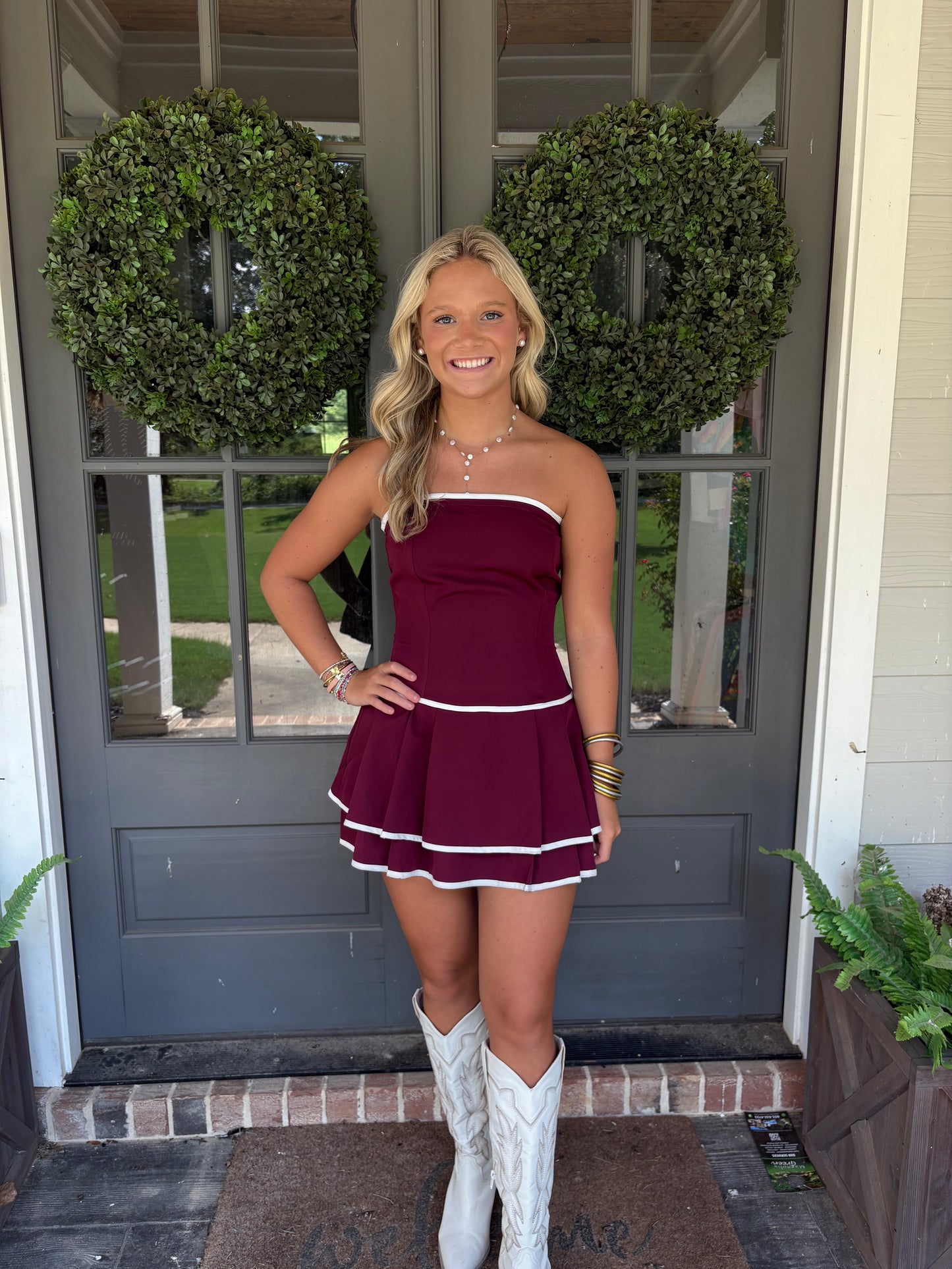 Maroon Strapless Drop Waist Pleated Romper Dress