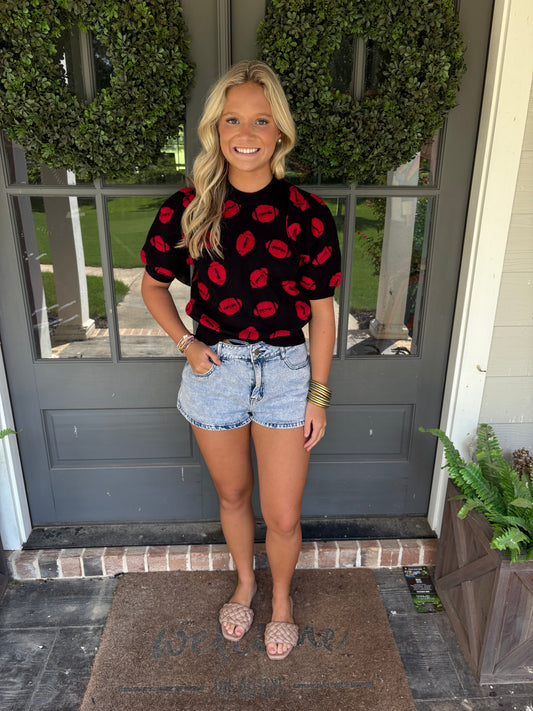 Black with red football short sleeve sweater