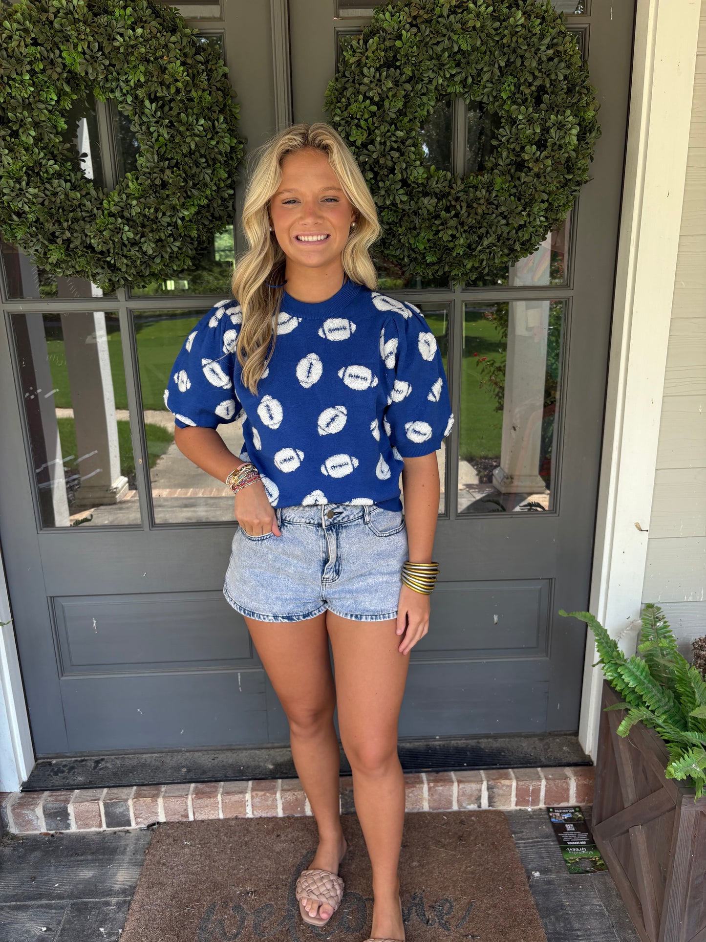 Blue with White footballs short sleeve sweater