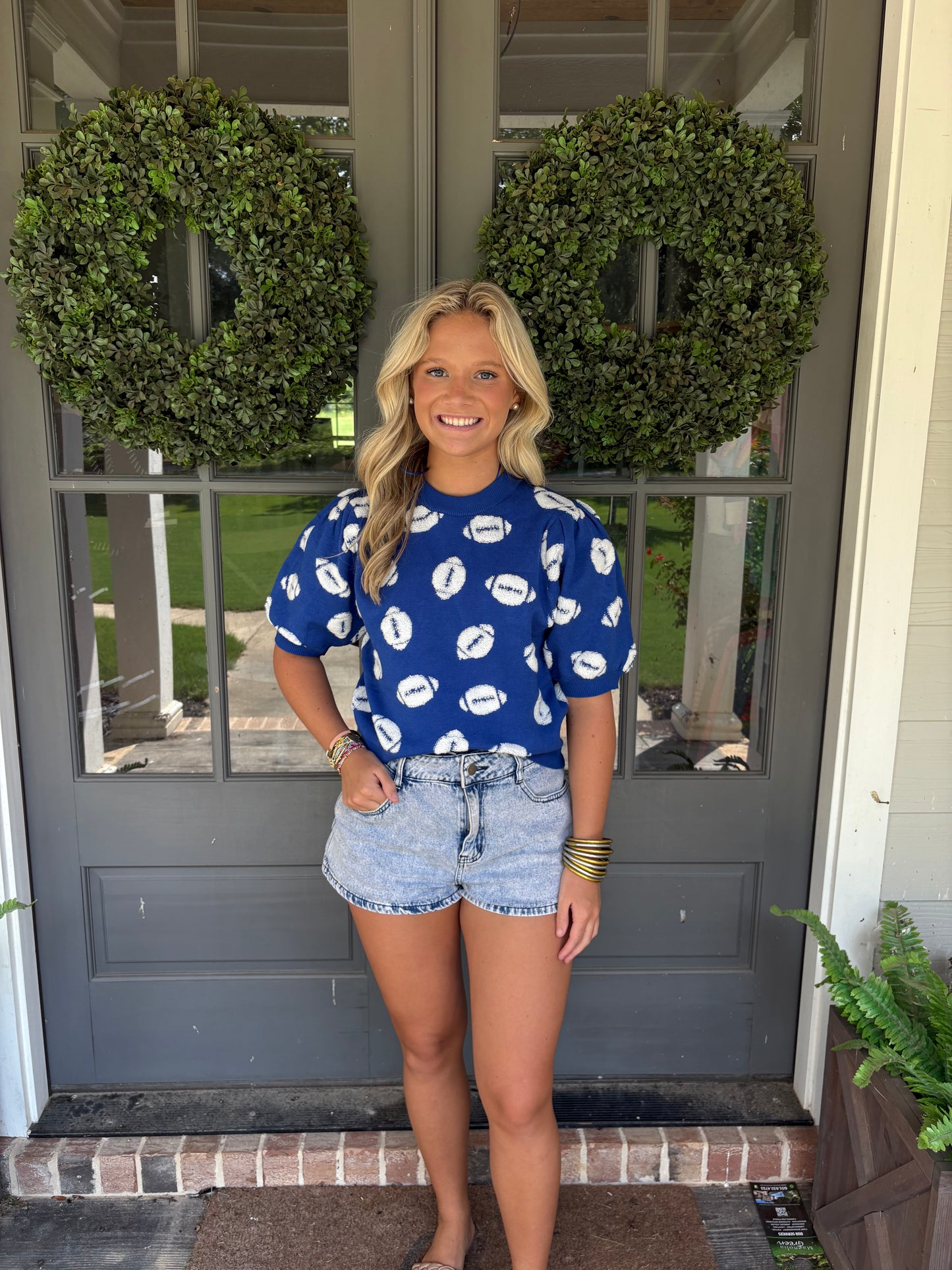 Blue with White footballs short sleeve sweater