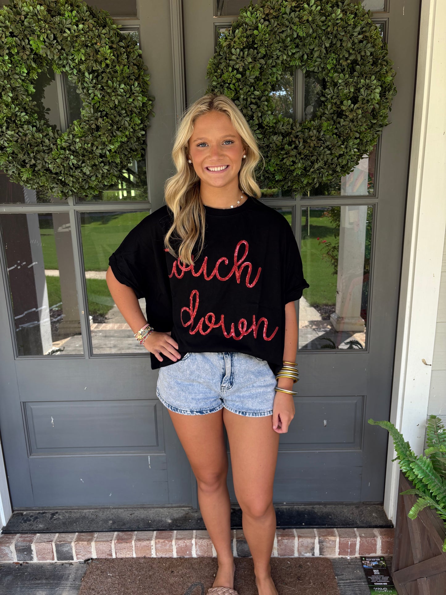 Black short sleeve oversized shirt with Red sequin Touchdown