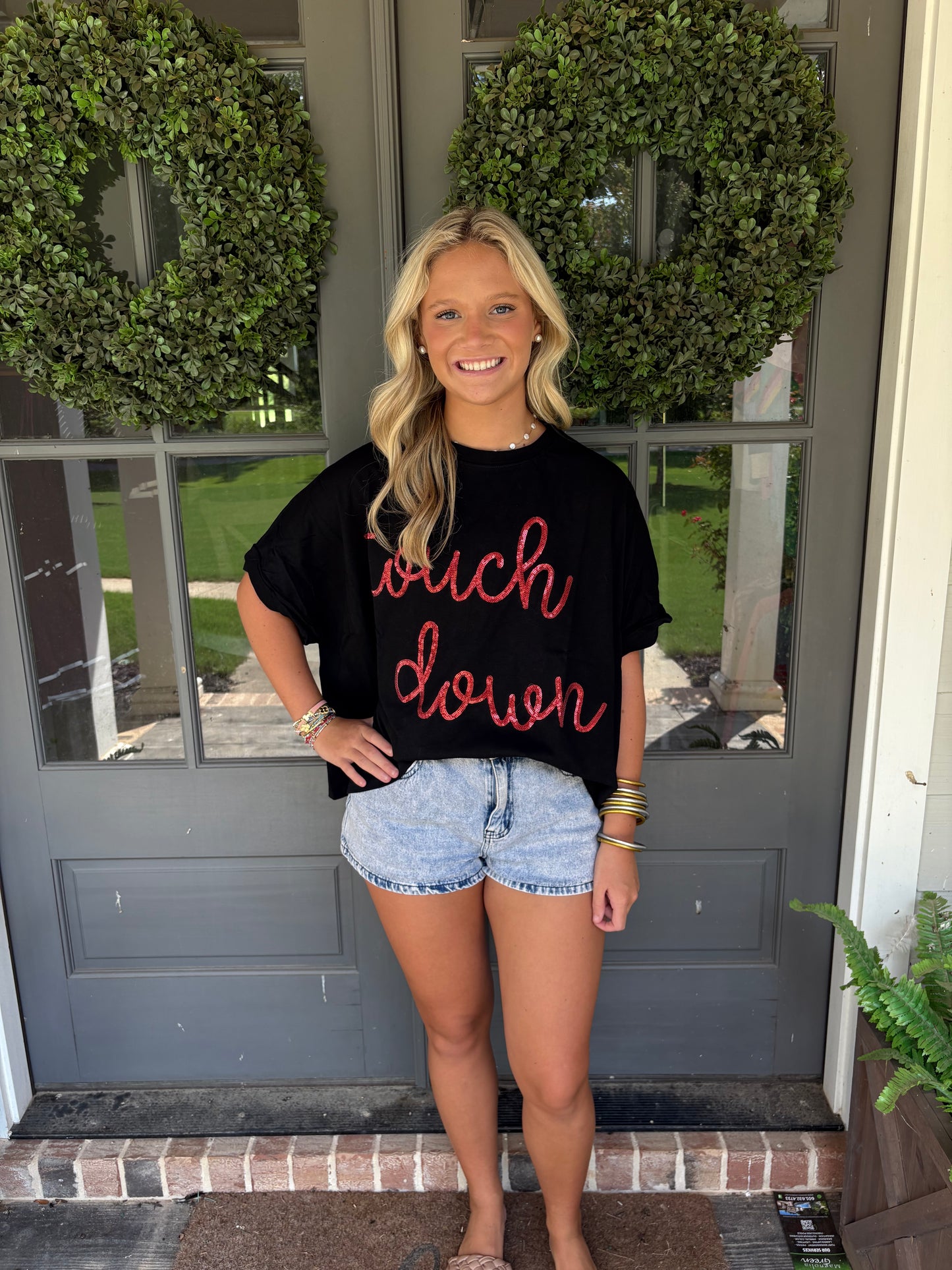 Black short sleeve oversized shirt with Red sequin Touchdown