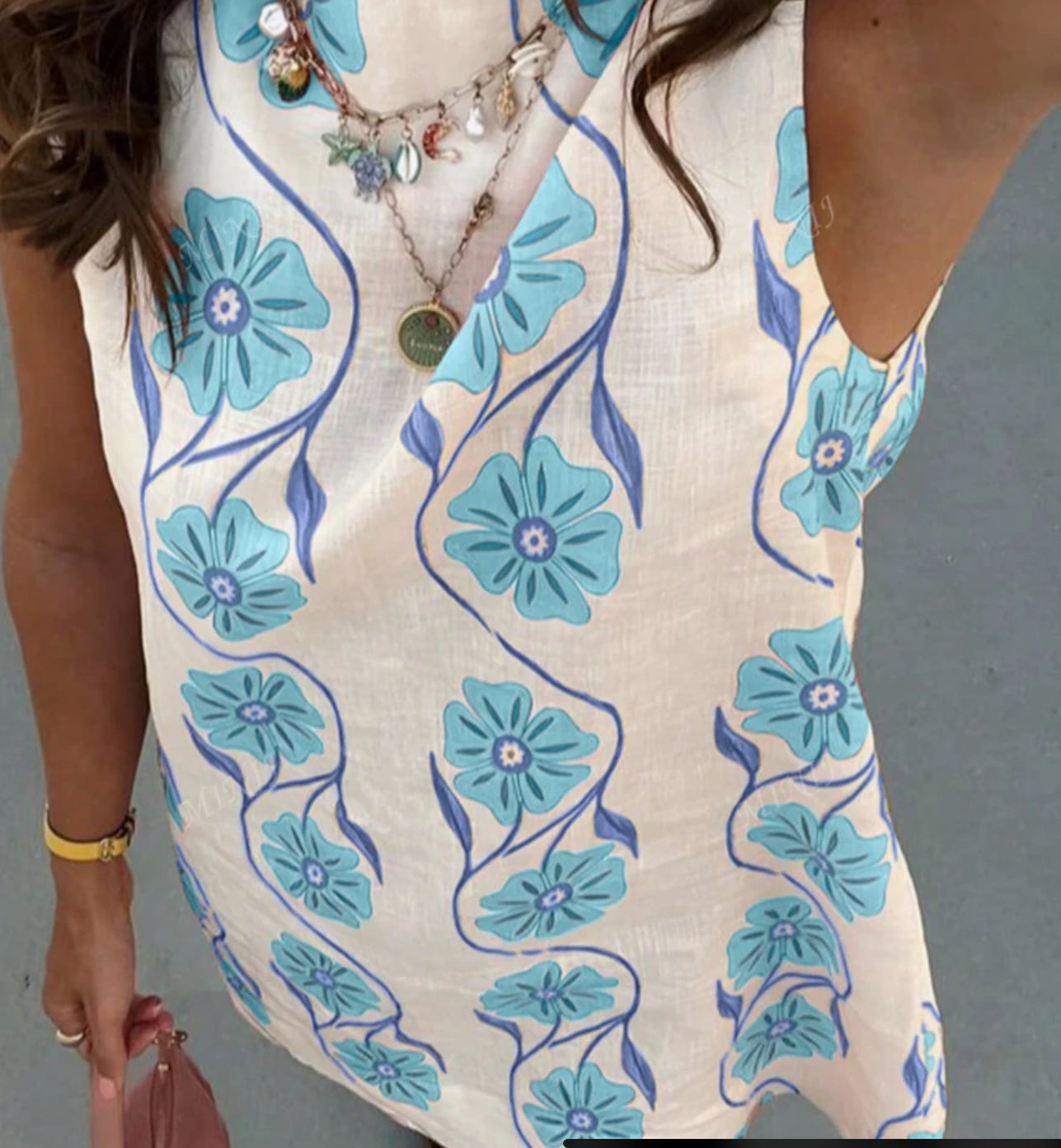 Teal Blue Short Floral Print A-Line Dress
