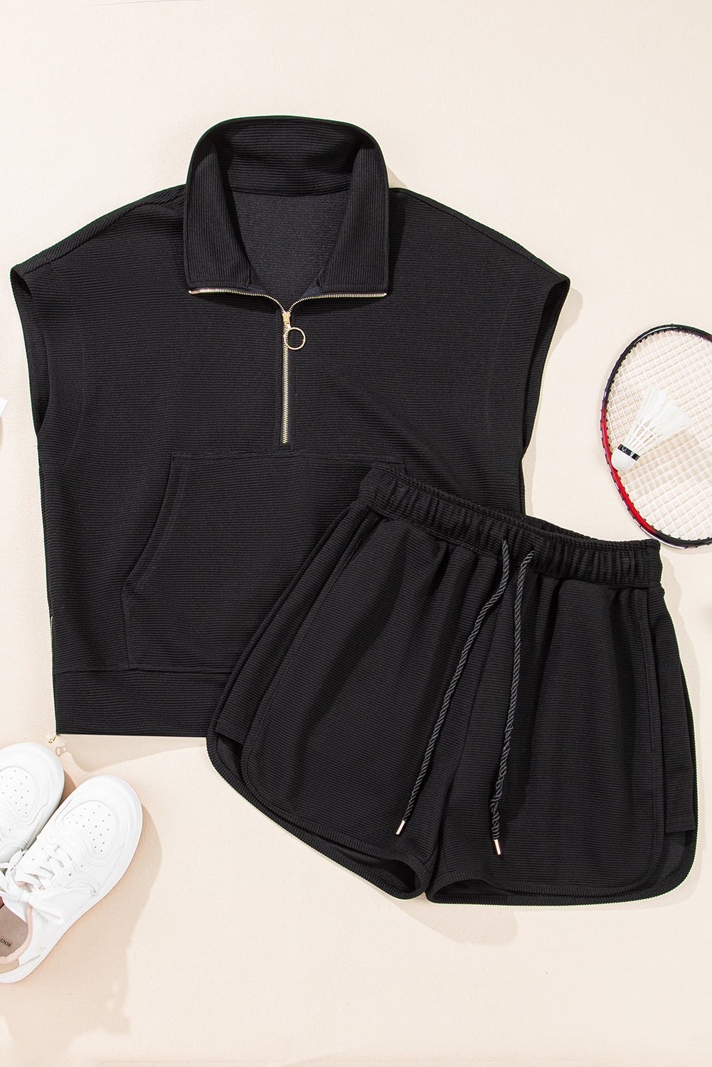Black with Gold Half Zip Shorts Set