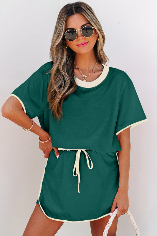 Green Colorblock Edge Drop Shoulder Skort Set
