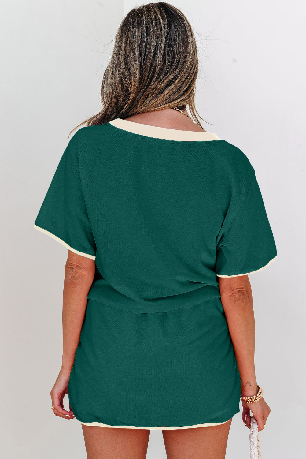 Green Colorblock Edge Drop Shoulder Skort Set