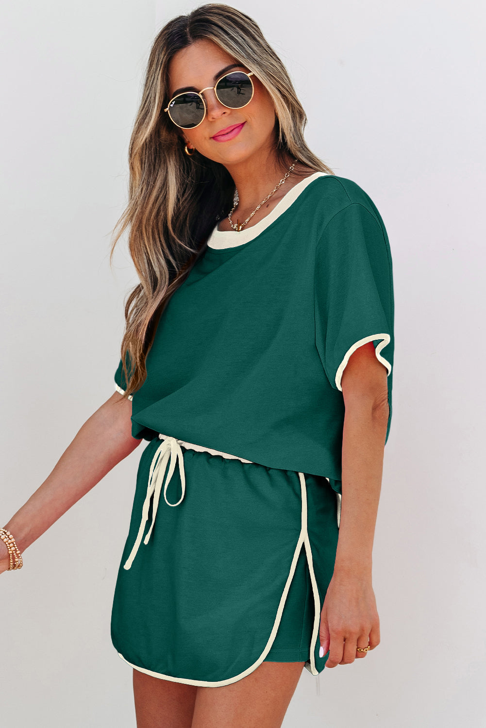 Green Colorblock Edge Drop Shoulder Skort Set